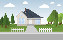 Exterior Of The Residential House, Front View. House With Large Garden On A Street In Summer. Vector Illustration.