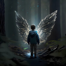 A Young Little Boy Found A Glowing Magical Silver Flying Wings In A Magical Deep Forest - Generated By Generative AI