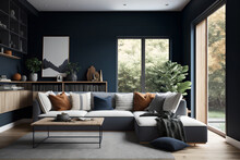 A Modern Living Room With A Cozy And Sophisticated Feel. The Room Features A Dark Blue Accent Wall, A Light Gray Sectional Sofa, A Natural Wood Coffee Table, And A Contemporary Area Rug. Generative Ai