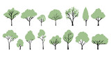 Fototapeta Las - Green trees silhouettes set. Vector hand drawn isolated illustrations of different trees