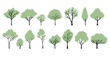 Green Trees Silhouettes Set. Vector Hand Drawn Isolated Illustrations Of Different Trees