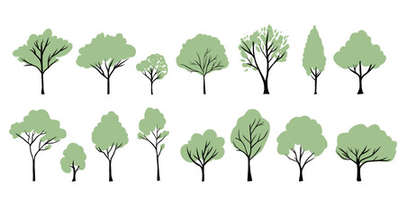green trees silhouettes set. vector hand drawn isolated illustrations of different trees