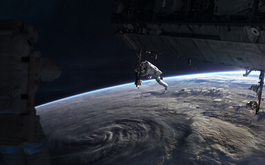 Wall Mural - space station in orbit of planet earth. solar system. science fiction. elements of this image furnis