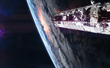 Wall Mural - space station on background of earth. solar system. science fiction. elements of this image furnishe