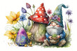Cute easter gnome and colored eggs flowers and mashrooms watercolor Generative AI illustration