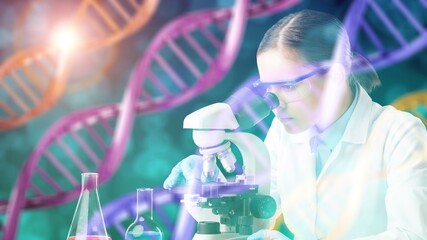 Wall Mural - research concept background with molecule dna and scientist