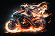Biker on a motorcycle or motorbike on fire. Rider on a bike or chopper on flames creative concept. Ai generated