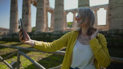 Wall Mural - Woman take selfie in front of the remains of the ancient temple.