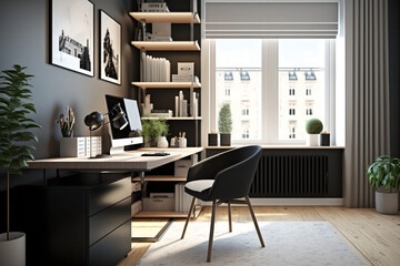  bright and minimalist home office with a modern design featuring a large wooden desk, high-end computer, and natural light from a large window.  generative ai