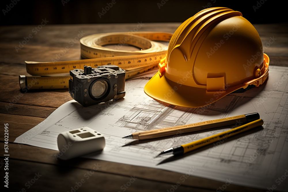 Yellow hard safety helmet hat and architectural blueprints and ...