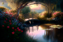 Beautiful Victorian garden with rose bush and bridge over pond with water lilies. Fantasy english countryside landscape.