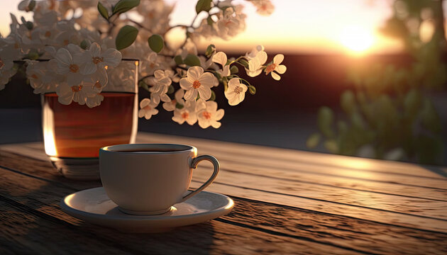 coffee in cup on wooden table with flowers in spring season, calm and relax coffee, hot beverage, mo