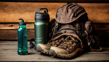 A Pair Of Hiking Boots, A Water Bottle, And A Backpack.  Generative Ai