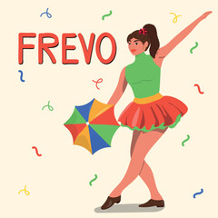 Girl dancing with umbrella. Hand drawn flat design frevo illustration 