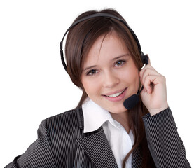 Wall Mural - Portrait of young businesswoman with headphones smiling at camera