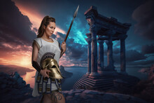 Art Of Greek Female Warrior With Golden Helmet And Spear Against Dark Sky And Sunset.