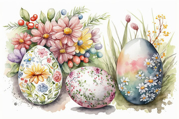 Sticker - Watercolor decorated easter eggs in the grass with spring flowers, Generative AI cute easter print