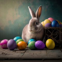 Wall Mural - Easter bunny and easter eggs Generative AI illustration