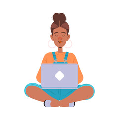 Wall Mural - Woman Character Sitting Cross-legged with Laptop Working in Coworking Space Vector Illustration