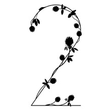 Numeral Two With Red Clover Branches. Floral Font. Number 2. Black Silhouette On White Background.
