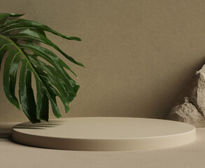 Wall Mural - Cosmetic beauty product presentation with big tropical leaf monstera plant and stone on the wall minimal scene with podium object placement 3d rendering