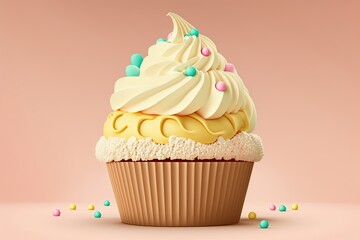 Wall Mural - Homemade cupcake with cream on a pink background. Generative ai