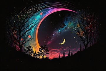 Magic neon night sky with moon and stars. Generative AI