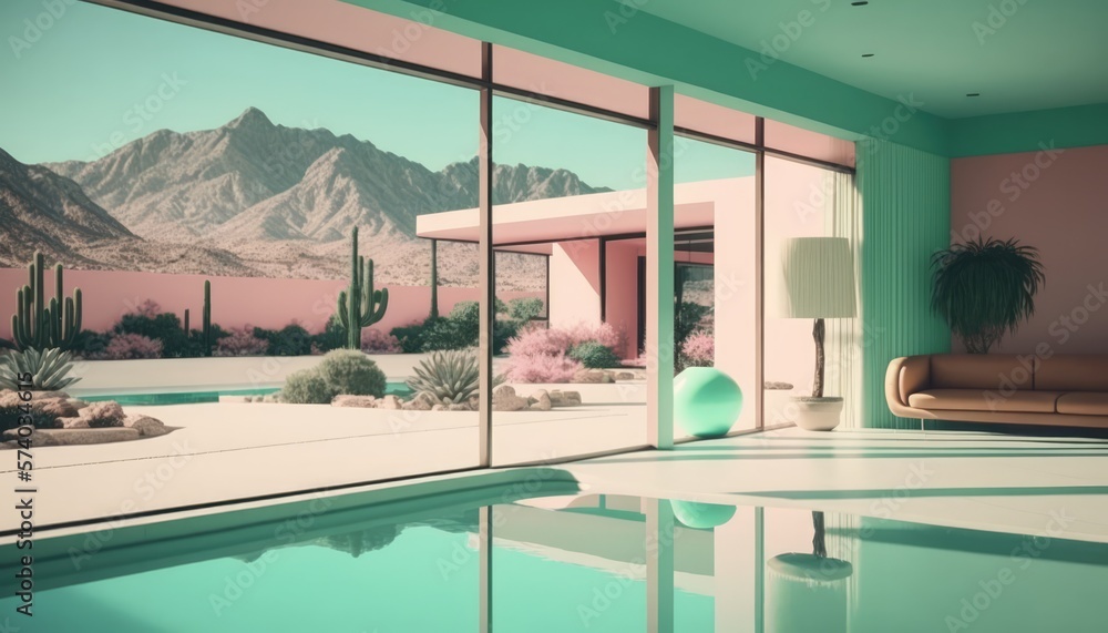 1970s Retro Luxury Pool Villa Interior with Modern Minimalist Style and ...