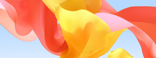 Bright sunny summer abstract background, flying cloth, 3d rendering fabric textured elements on the sky.