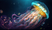 World Jellyfish Day. Glowing Jellyfish On A Dark Background Seascape. International Day Of The Oceans. Ai Generated.