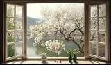  an open window with a view of a tree and a lake in the distance and a vase with flowers in front of it and two vases on the window sill.  generative ai