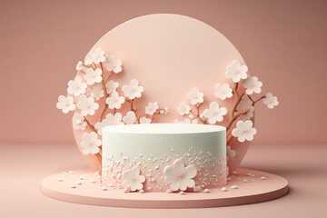 Wall Mural - Spring cherry blossom product display podium for natural product. Empty scene with sakura branch. Generative ai