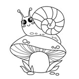 Fototapeta  - Cute cartoon snail on mushroom. Black and white vector illustration for coloring book