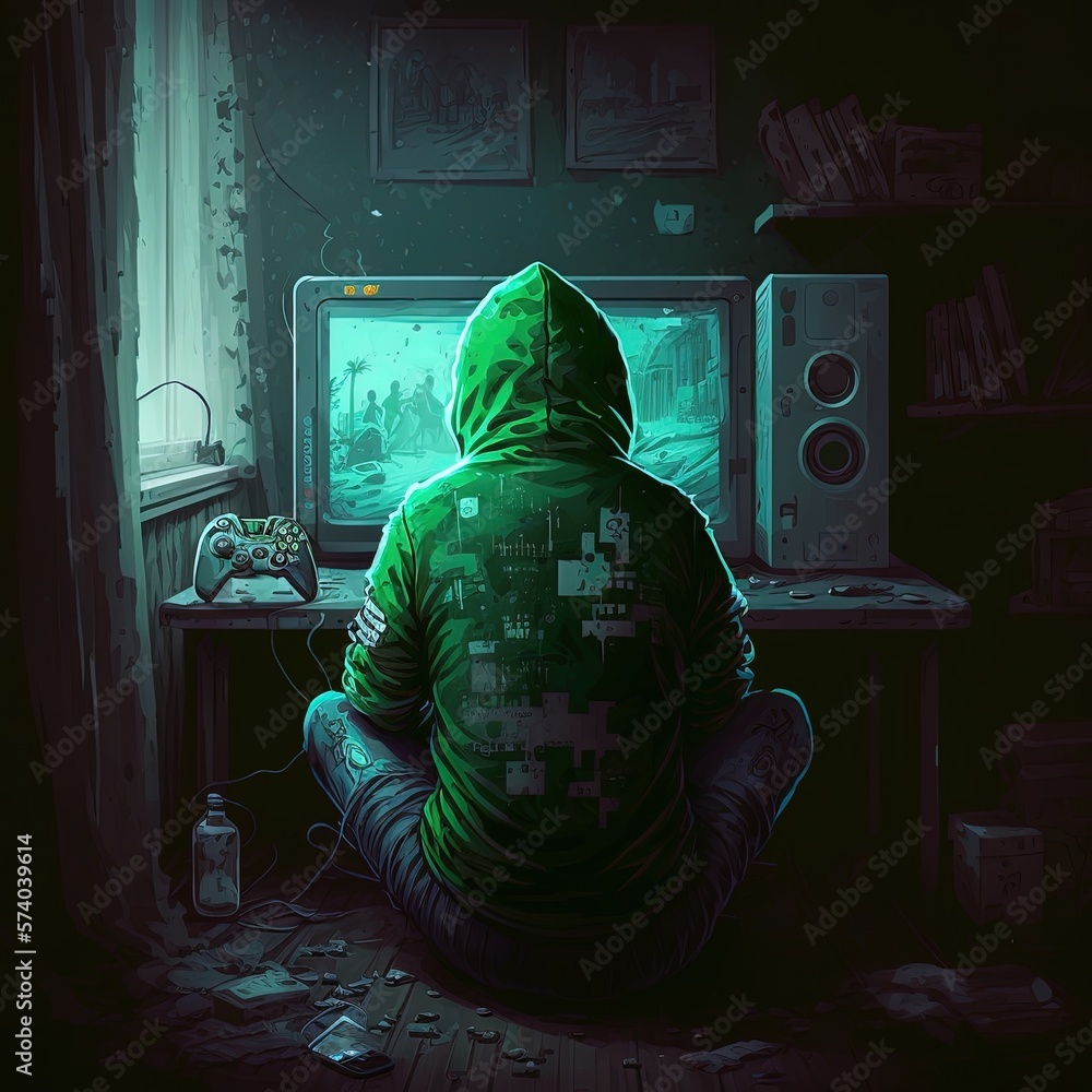 Lonely gamer, alone in room playing games. Gaming addiction concept.  Generative AI Stock Illustration | Adobe Stock