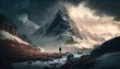 Epic and Cinematic Mountain Landscape with Hikers and Clouds wallpaper. Generative ai illustration