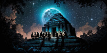 A Group Of Maya Astronomers Observing The Stars And Planets From A Temple Atop A Pyramid In The Rainforest Of Central America. Ancient Aztec Scientists In A Prehistoric Illustration. Generative Ai