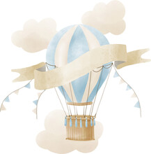 Watercolor Hot Air Balloon With Clouds And Space For Text. Hand Drawn Baby Illustration Of Vintage Aircraft In Pastel Colors On Isolated Background. Cute Drawing For Newborn Shower Or Kid Birthday