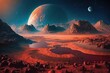 The landscape of an unknown red planet surface with craters and mountains with satellites in the sky. Fantasy world. Generative AI.