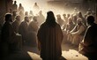 KI Illustration - Jesus hält eine Rede vor Menschen in einer kleinen Runde. Jesus predigt in Jerusalem. Es ist staubig und trockenen Luft. Die Bibel zum Osterfest und Ostergeschichte von Jesus.