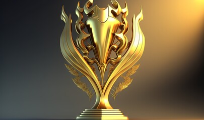 Wall Mural -  a golden trophy with a decorative design on it's base and a black background with a yellow light behind it and a black background with a yellow light.  generative ai