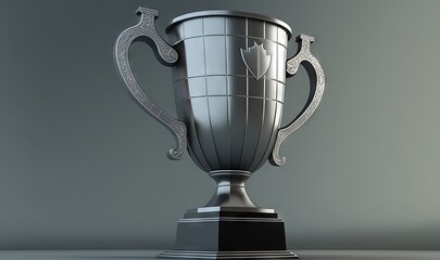 Wall Mural -  a silver trophy with a black base on a gray surface with a gray wall in the background and a black base on the floor in the foreground.  generative ai