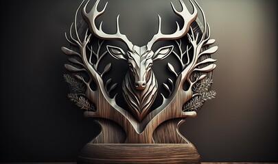 Poster -  a wooden sculpture of a deer with antlers on it's head and trees on its back, in a dark room with a dark background.  generative ai