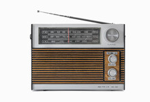 Authentic 70s Radio Receiver. Front View. Isolated On White Background. Traces Of Time And Scuffs On The Body