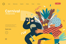 Lifestyle Web Template - Carnival - Modern Flat Vector Illustration Of Masked People Dancing Together, Taking Part In The Costume Carnival Procession. People Activities Concept