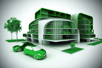 Wall Mural - Blueprints of a 3D modern green sustainable building with cars. Generative AI