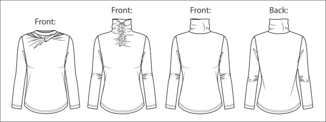 Vector turtle neck long sleeved t shirt fashion CAD, woman winter top with frill details technical drawing, template, sketch, flat, mock-up. Jersey or rib fabric top with front, back view, white color