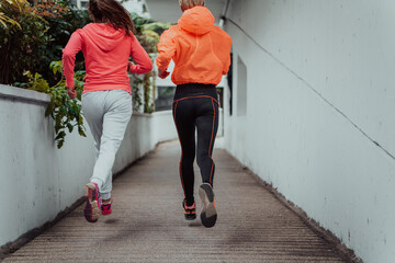 Wall Mural - Two women in sports clothes running in a modern urban environment. The concept of a sporty and healthy lifestyle