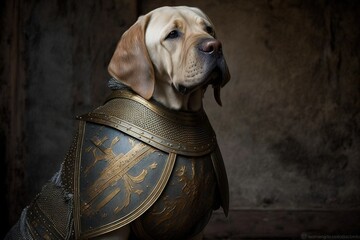 Wall Mural - Labrador Retriever wearing a medieval plate armor illustration. Generative AI.