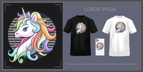 Beautiful unicorn head t-shirt design, complete with mockup.