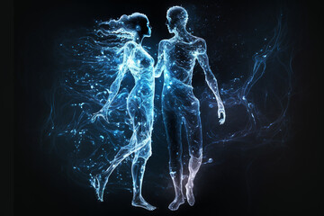 Couple in love, magic cosmic view of man and woman at night, illustration, generative AI